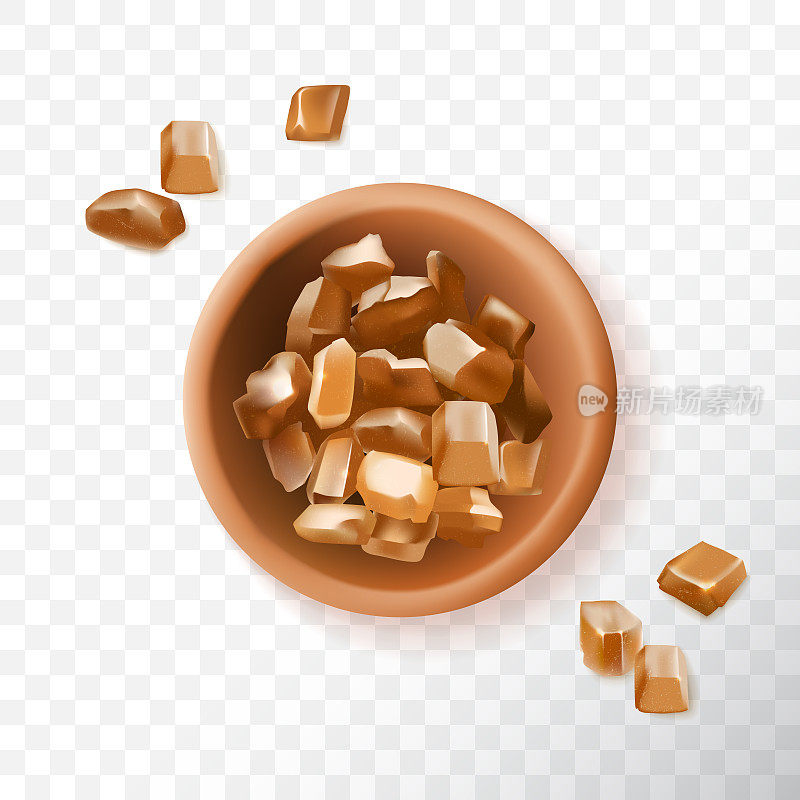 Brown sugar crystals in ceramic bowl, raw cane sugar top view